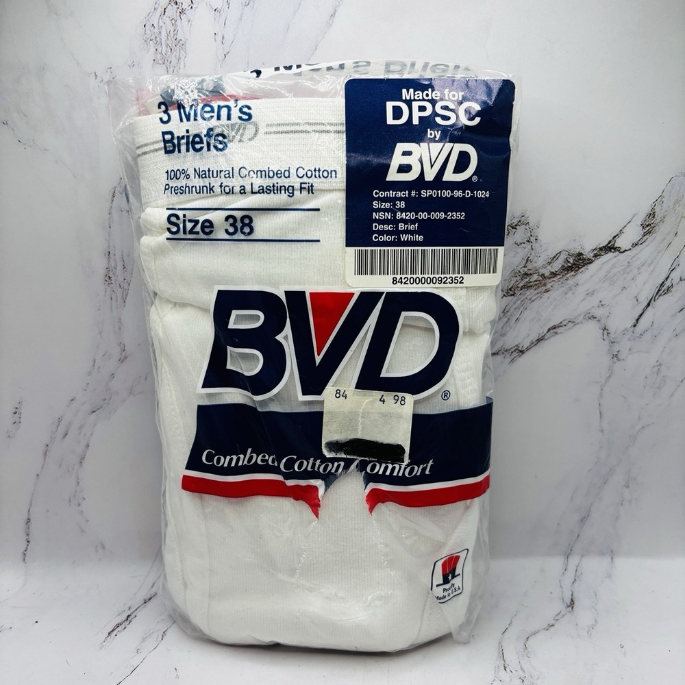 Vintage 1992 BVD Men's Briefs 3 Pack Size 38 White Combed Cotton USA NOS